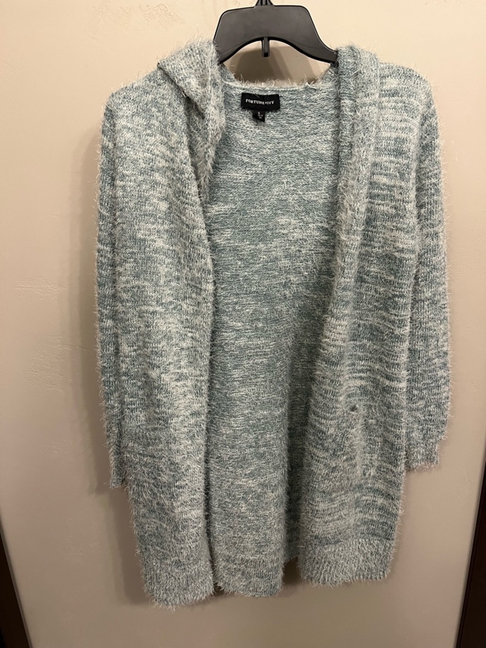 Fortune+Ivy Heather Light Blue Open Hooded Cardigan